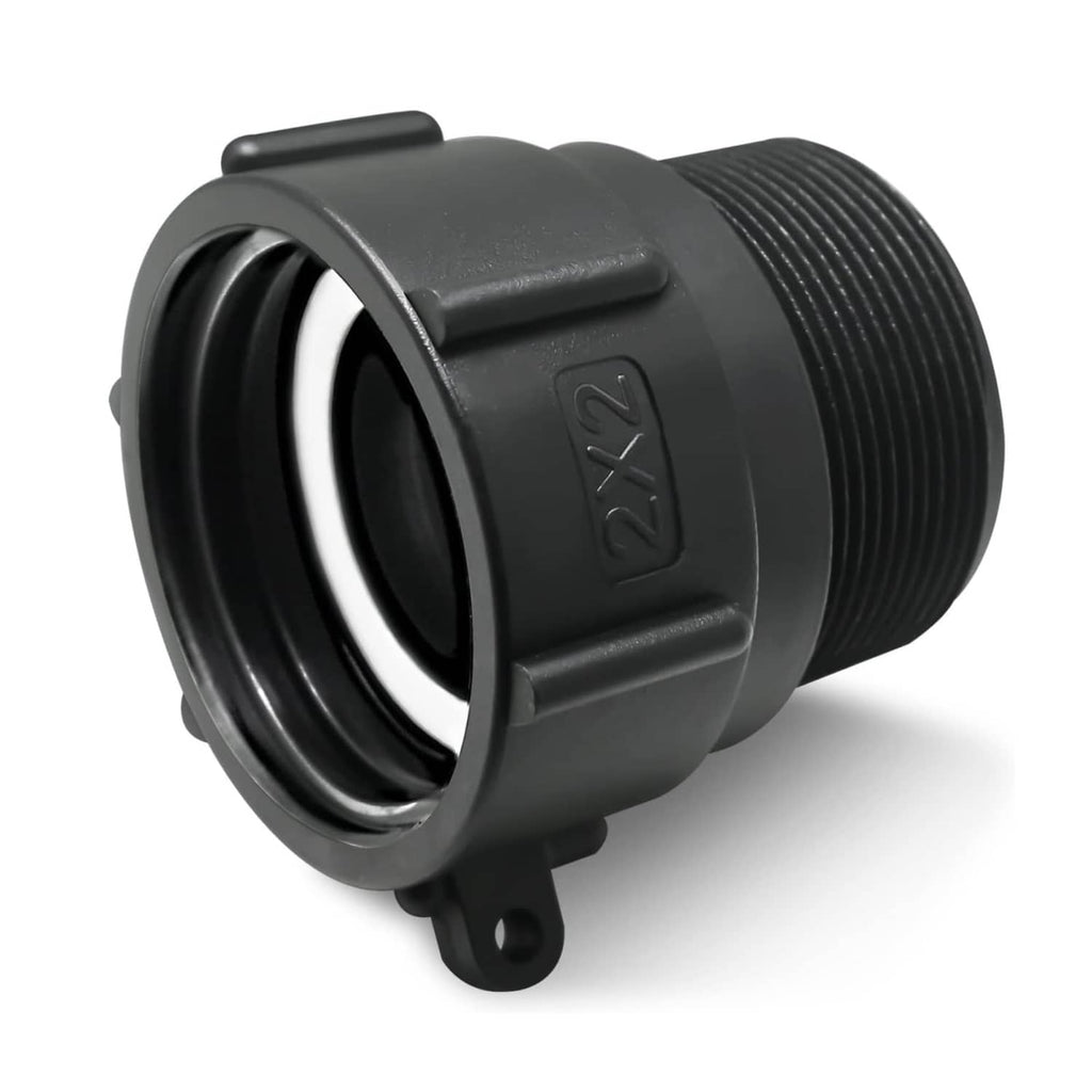 Black IBC tote adapter with coarse male thread and NPT outlet connection, close-up.