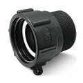 Black IBC tote adapter with coarse male thread and NPT outlet connection, close-up.