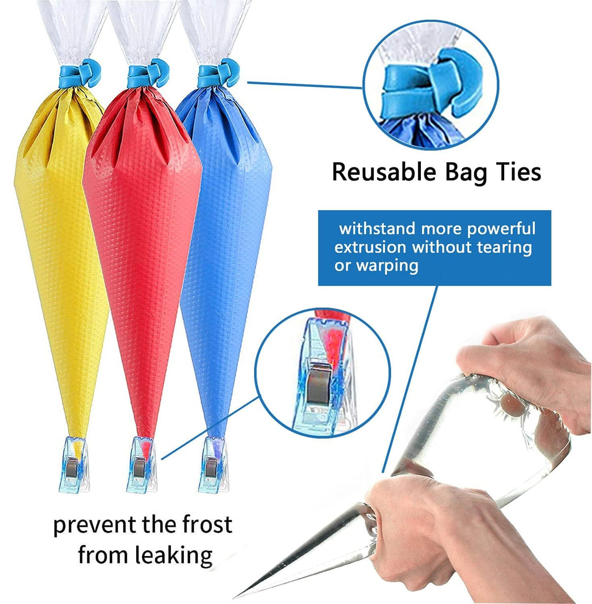 Tipless piping bags with reusable bag ties shown on three filled cones