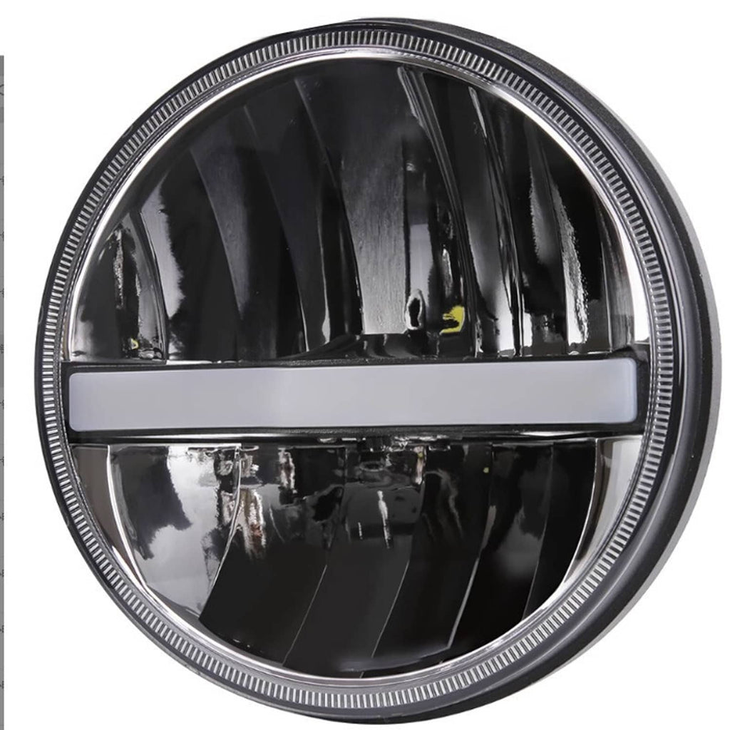 Round halo LED headlight front reflector with chrome-ring bezel and light bar
