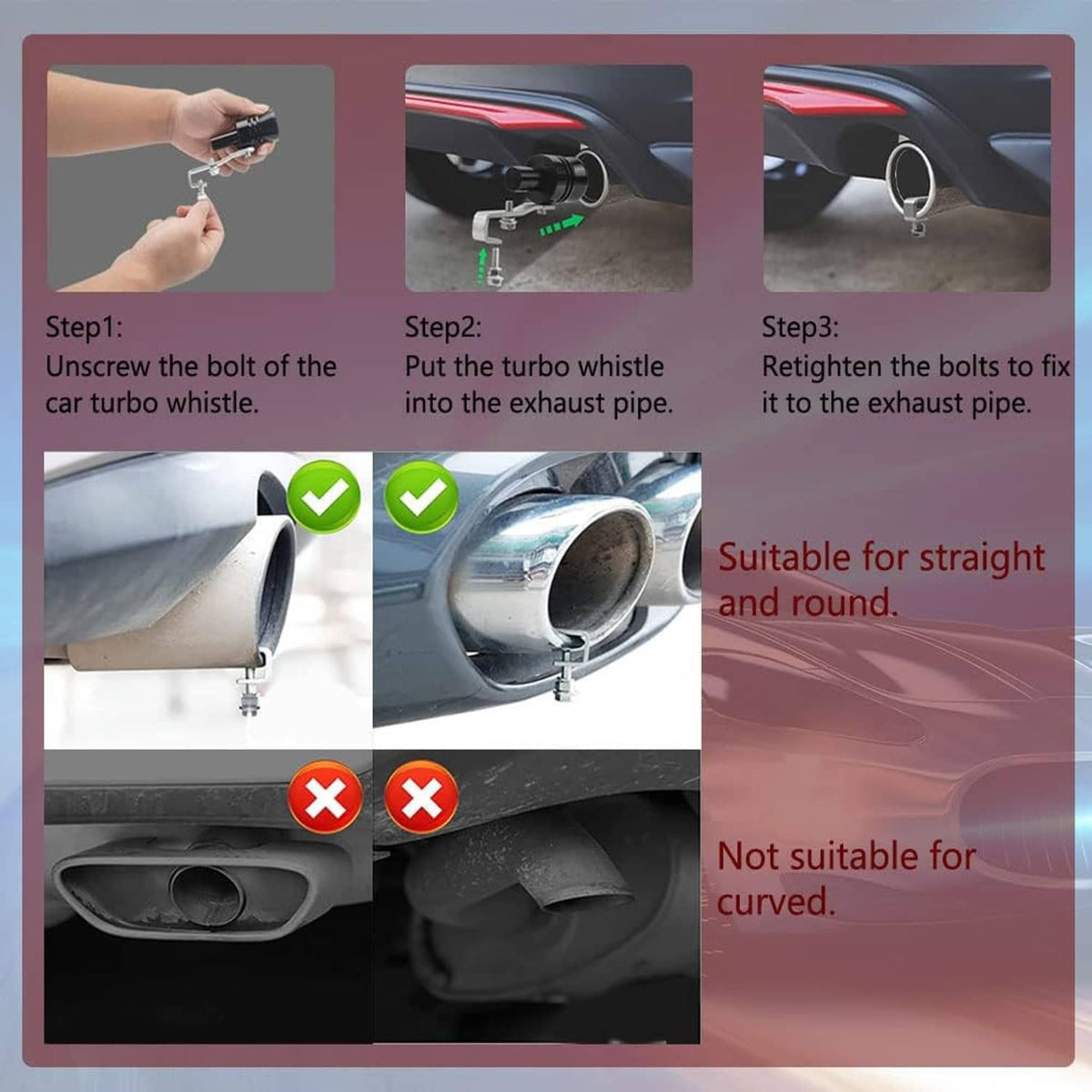 Black turbo whistle installation kit with mounting clamp and hardware for exhaust pipe