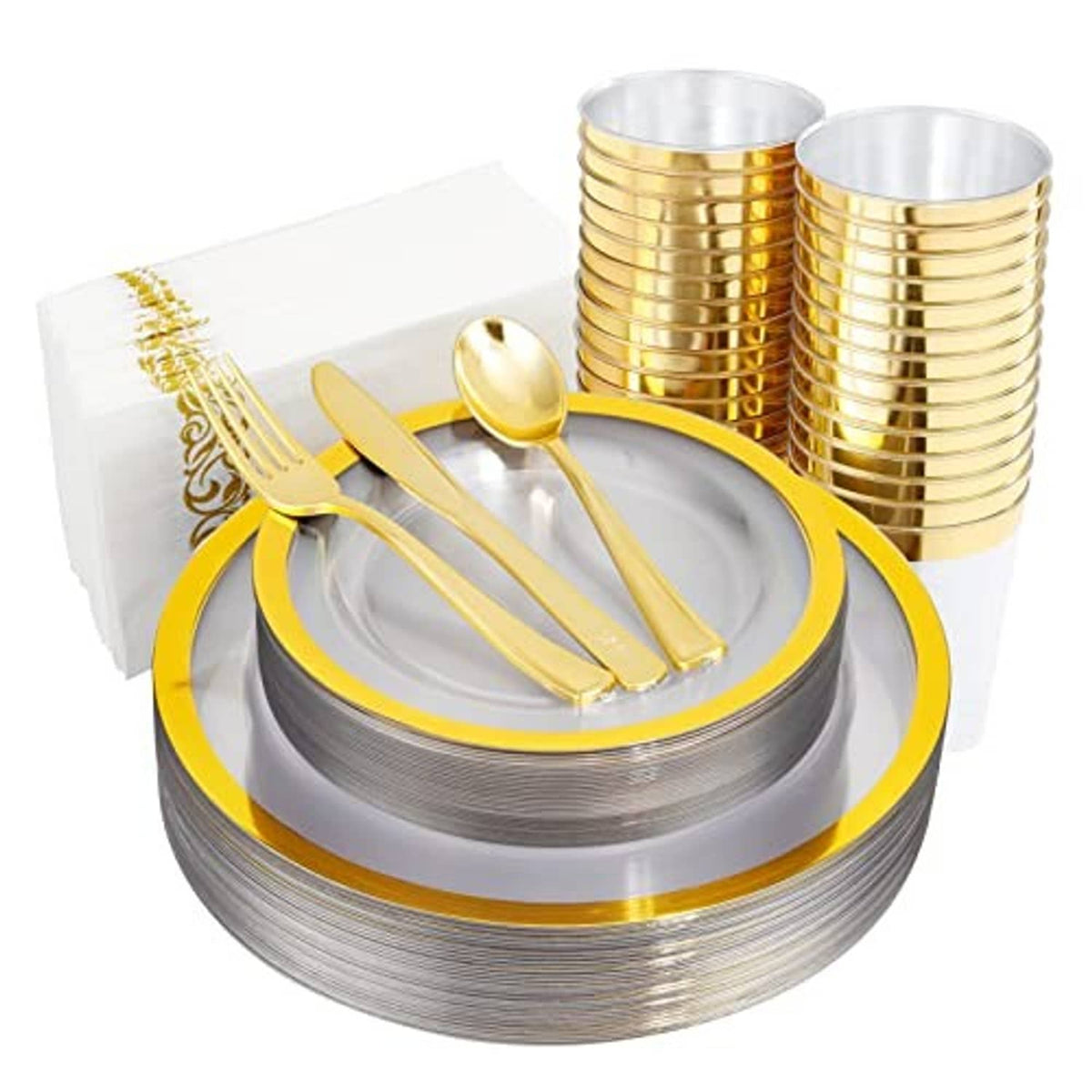 Stack of round gold plates with matching clear spoons and forks set