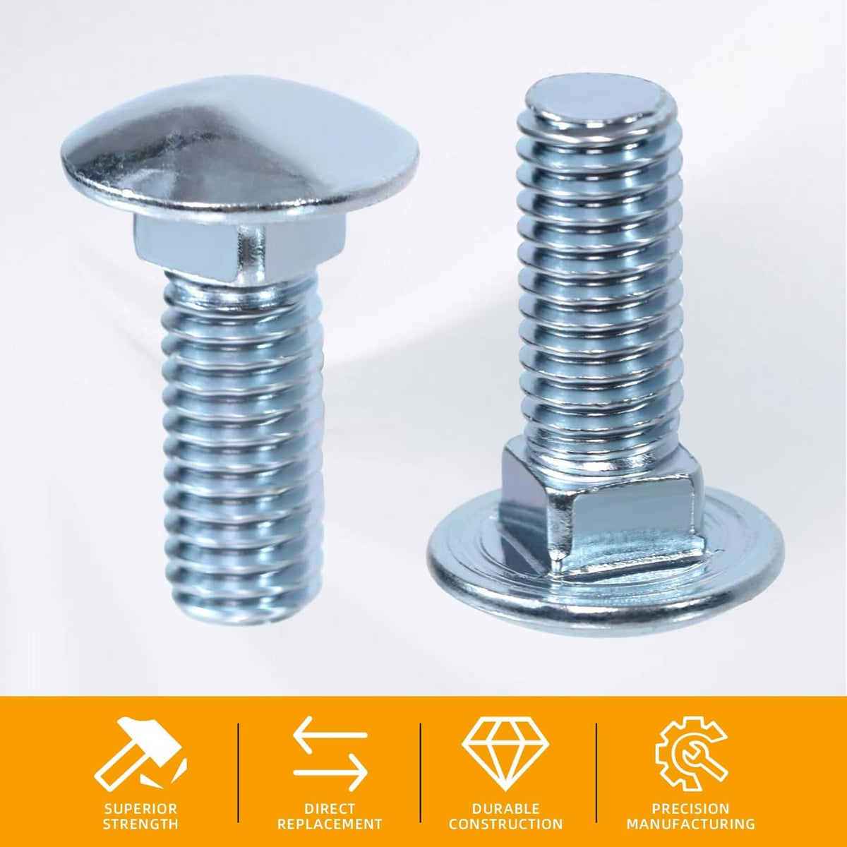 Two chrome bumper bolts with capped heads and one installed in a hex nut, silver finish