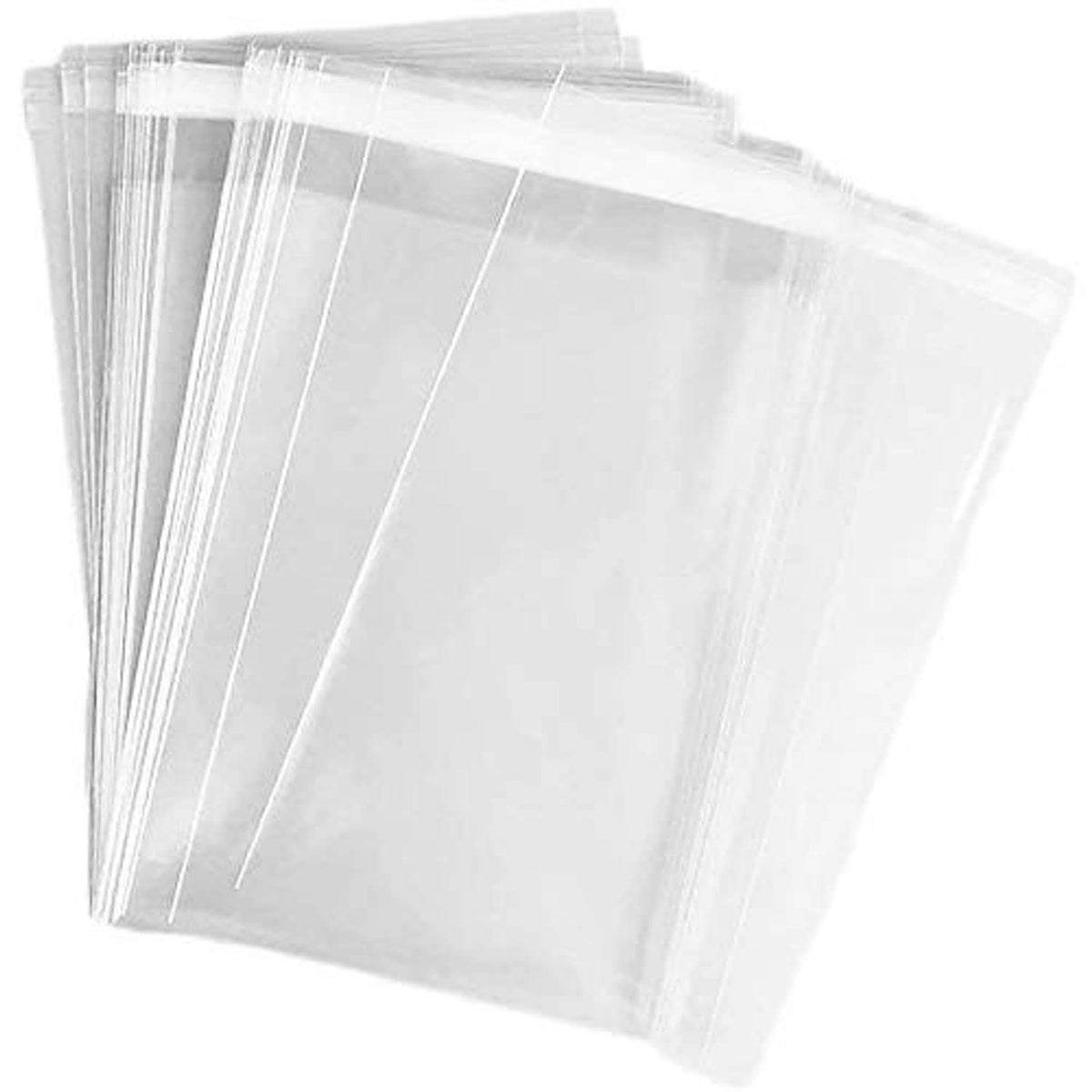 Clear self-seal cello bags, 7x10 in, stacked set of transparent plastic pouches