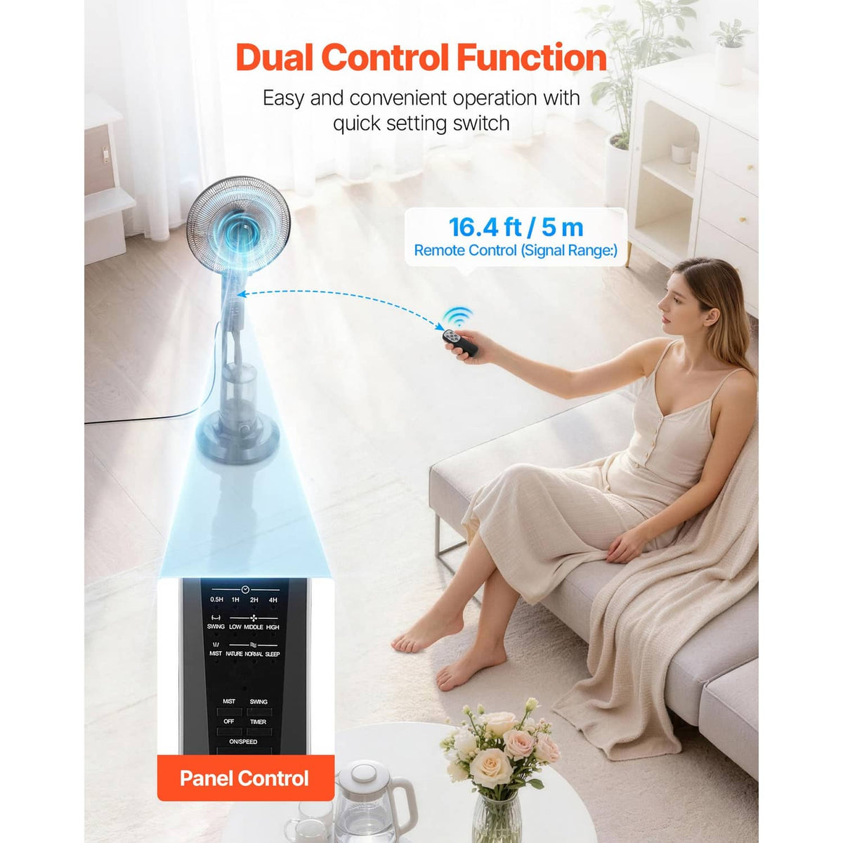 Misting floor fan with remote control and spray mist directed from the grille