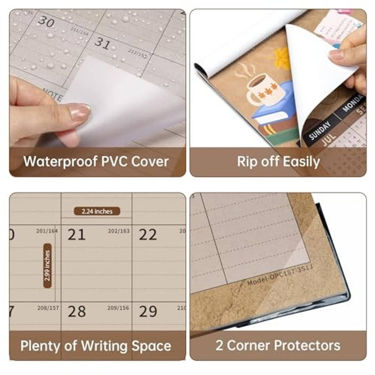 Calendar features collage: waterproof PVC cover, rip-off ease, corner protectors