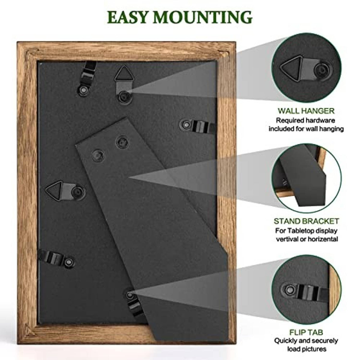 Back view of a 4x6 picture frame with flip tabs, stand bracket, and wall hanger