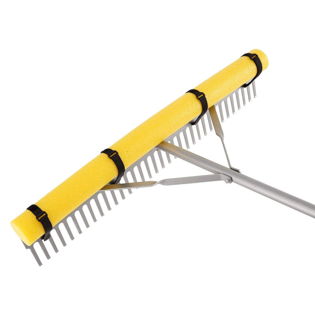 Landscape rake head with yellow padded grip and metal tines on aluminum handle