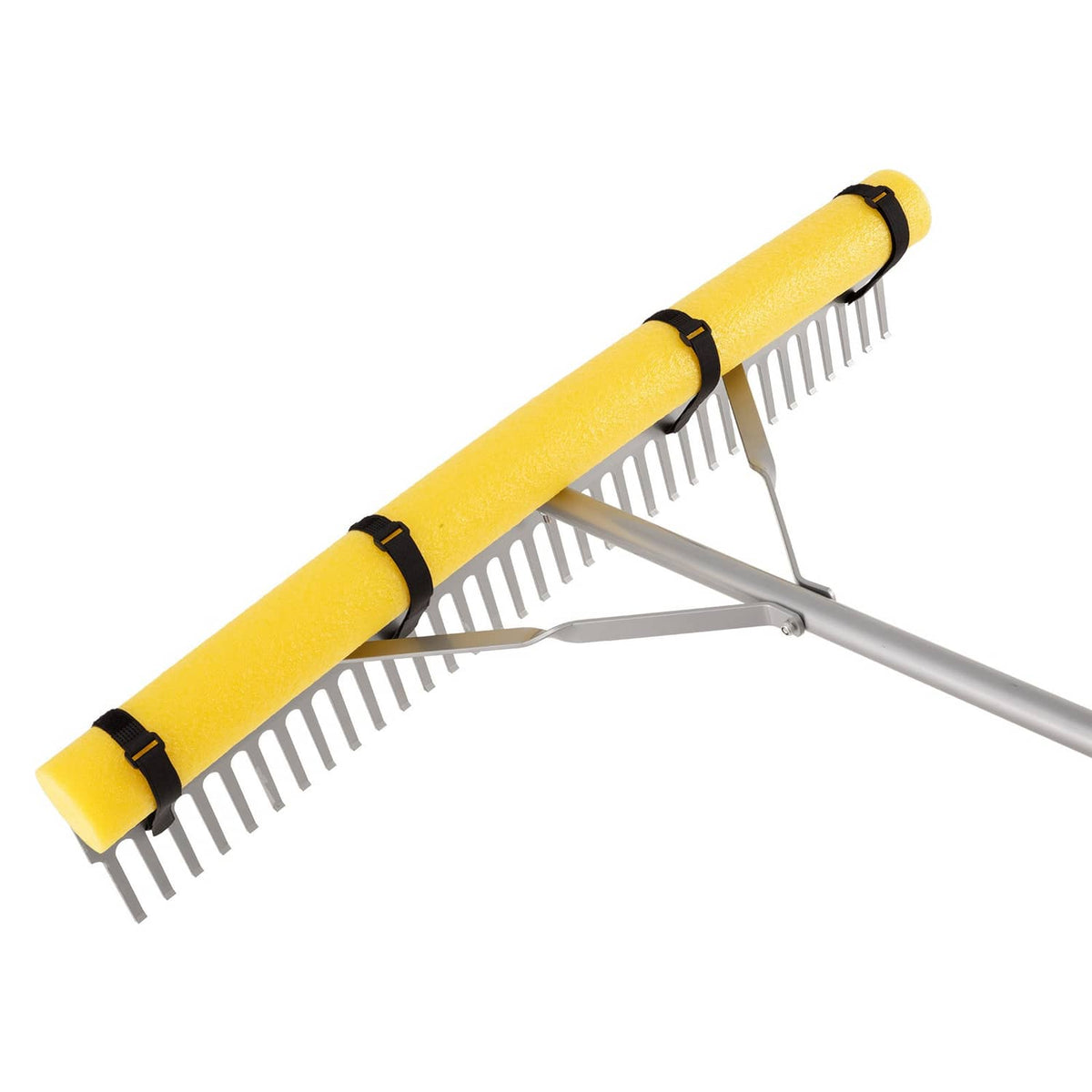 Landscape rake head with yellow padded grip and metal tines on aluminum handle