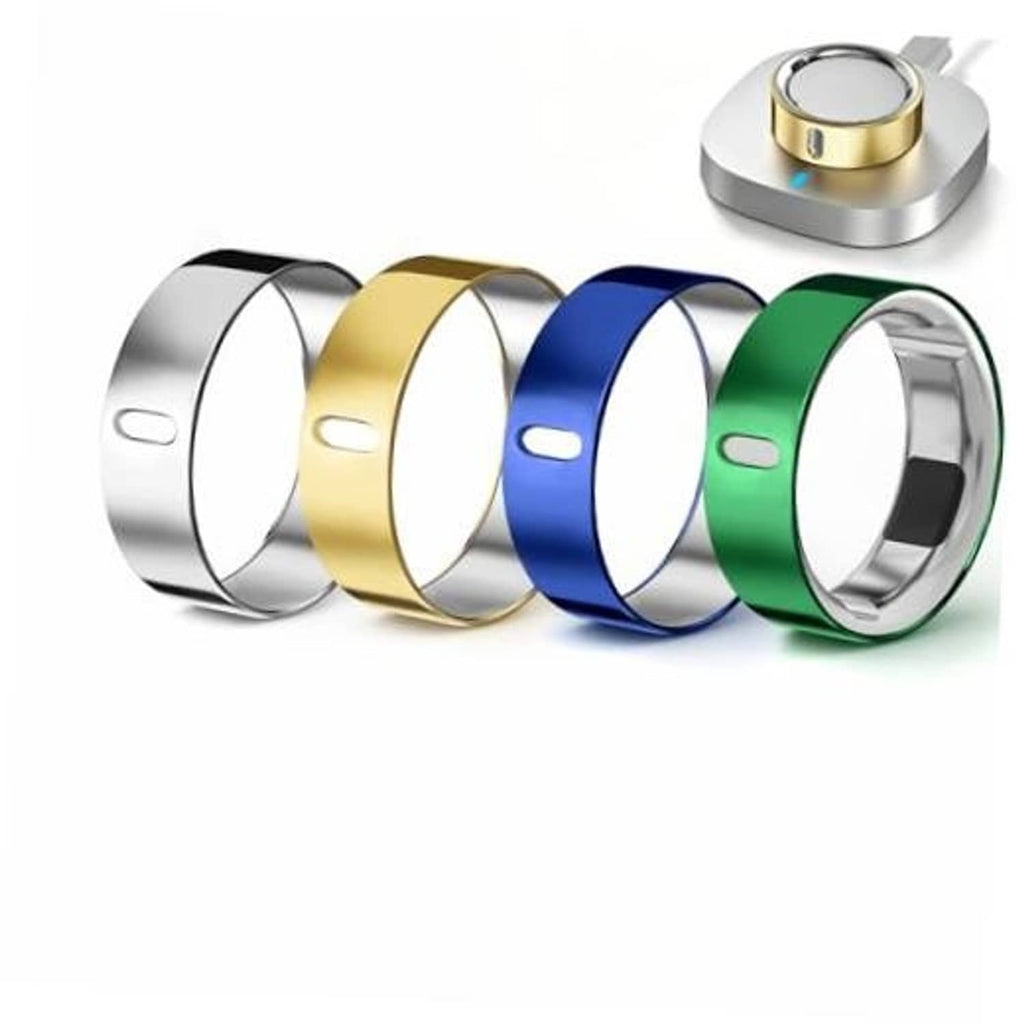 Four ring covers in silver, gold, blue, and green TPU bands with oval cutouts