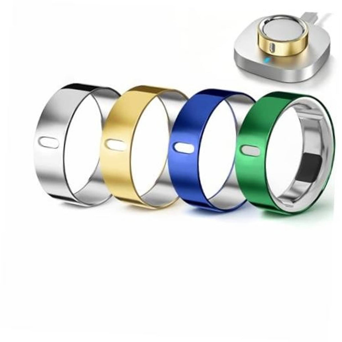 Four ring covers in silver, gold, blue, and green TPU bands with oval cutouts