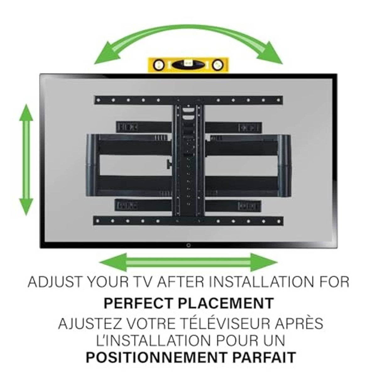 Black full-motion TV mount diagram with level indicator and adjust arrows