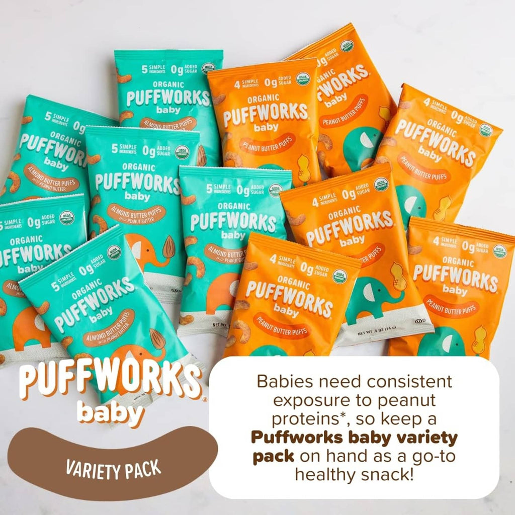 Variety pack of Organic Puffworks baby snack pouches shown together in multiple flavors