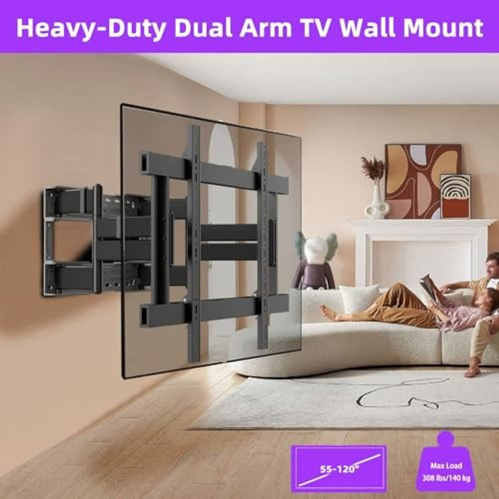 Dual-arm full-motion TV wall mount attached to wall, black metal brackets