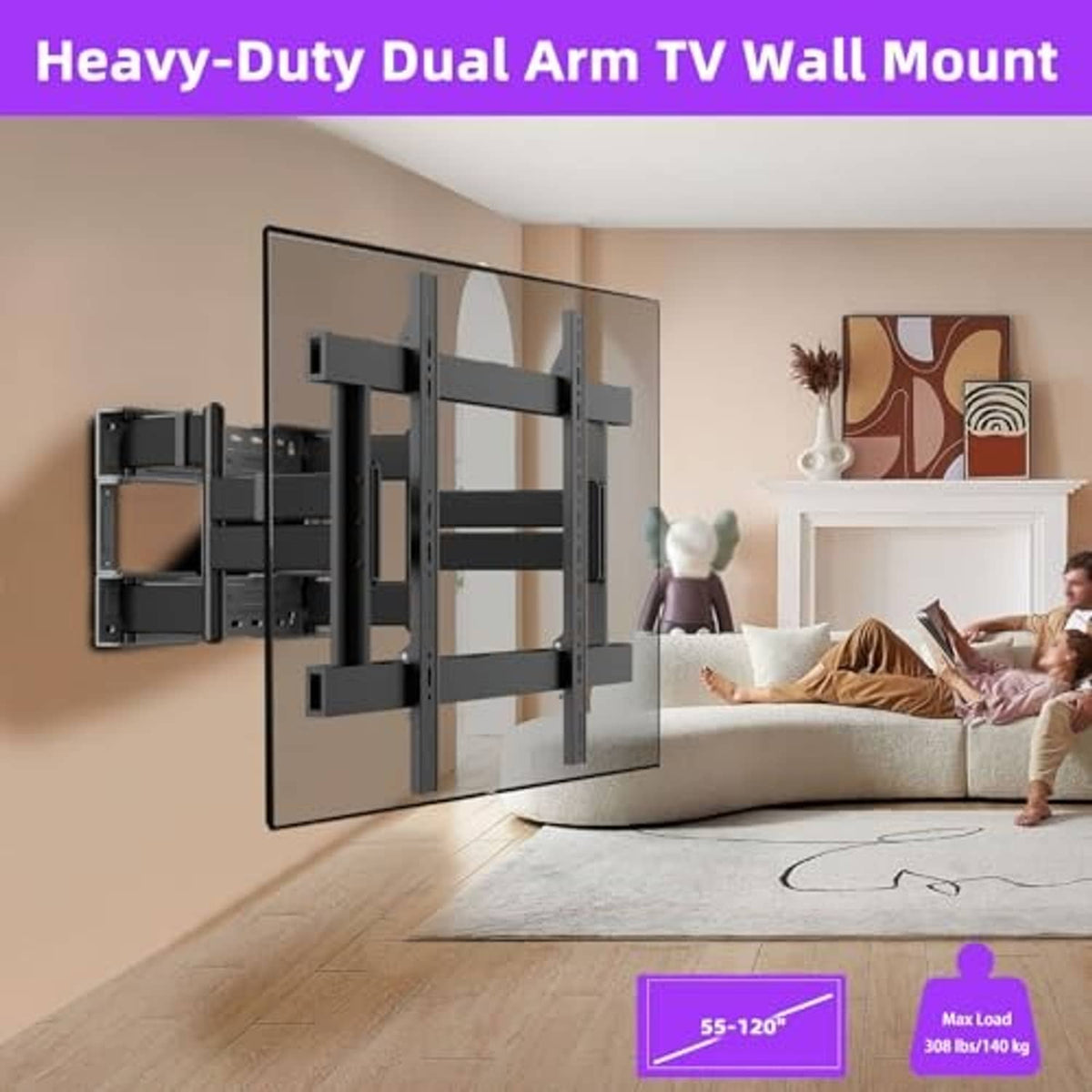 Dual-arm full-motion TV wall mount attached to wall, black metal brackets