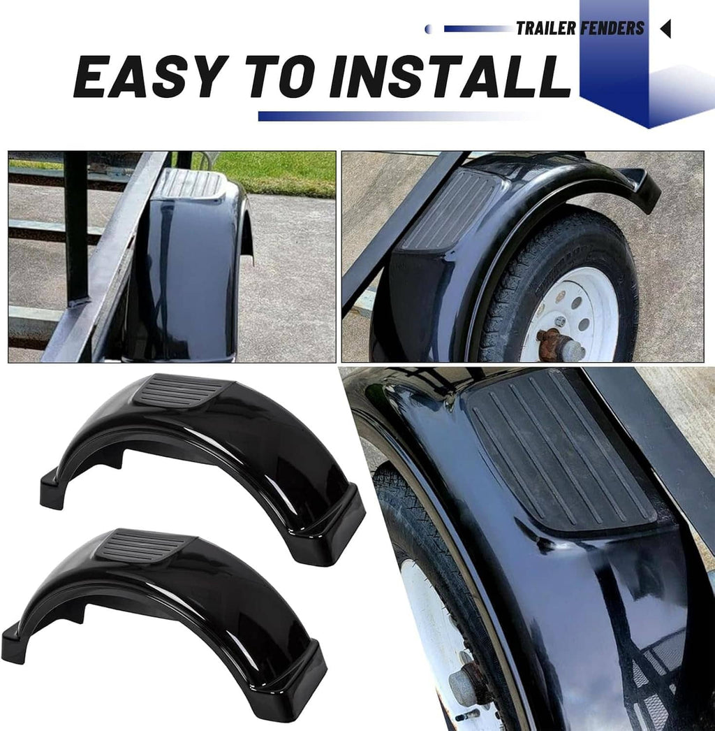 Black trailer fender with raised tread step, shown mounted over a trailer wheel