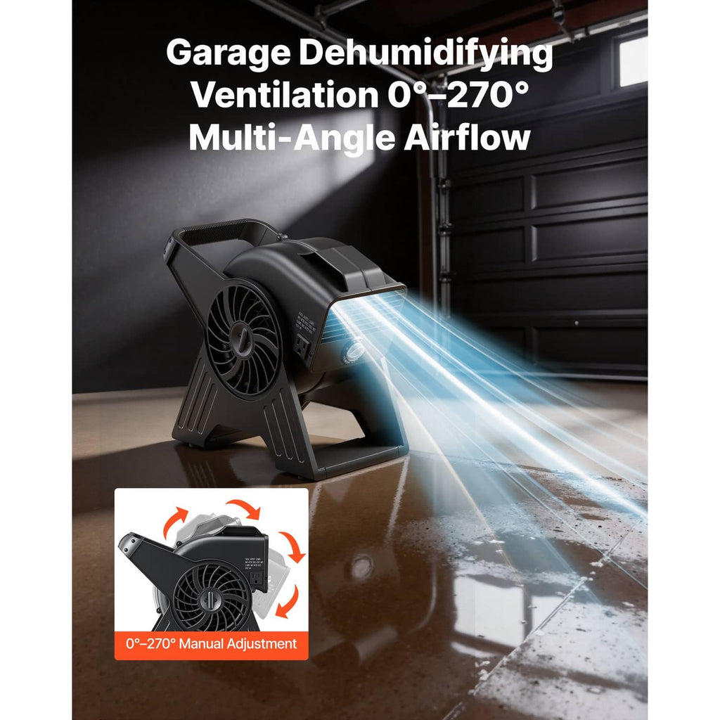 Portable utility fan with long airflow, black fan on stand in garage
