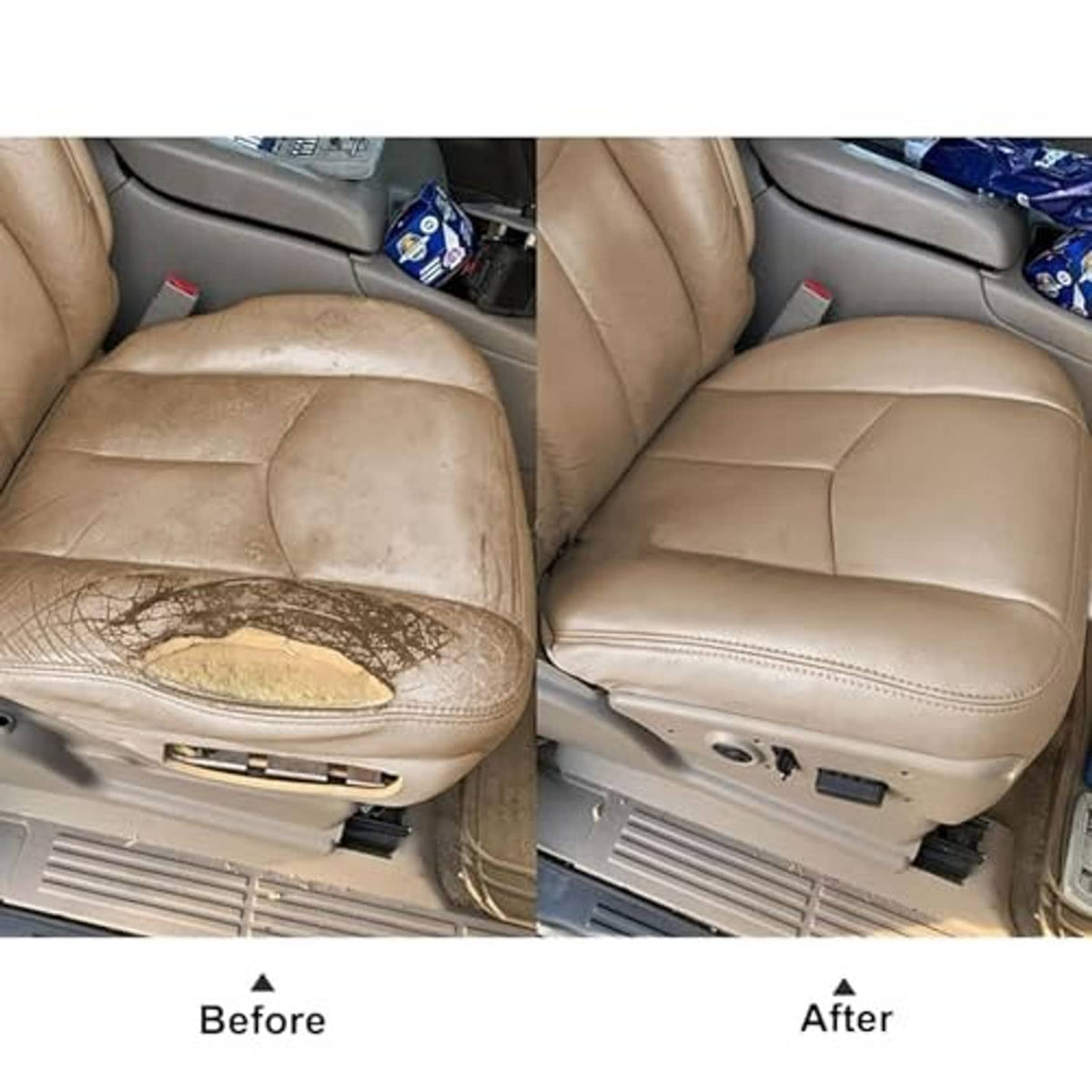 Tan front seat cushion replacement covers shown before and after installation