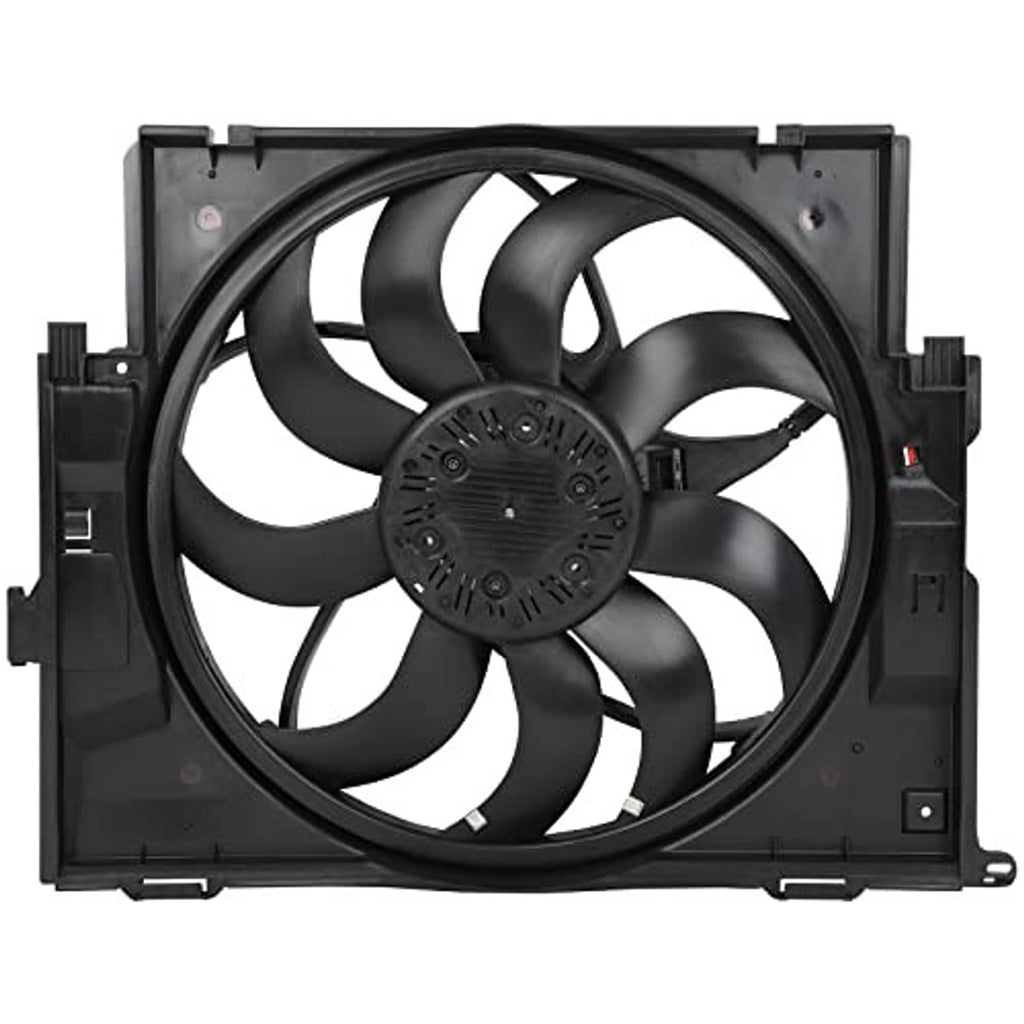 Radiator cooling fan assembly, black fan blades in square mounting frame