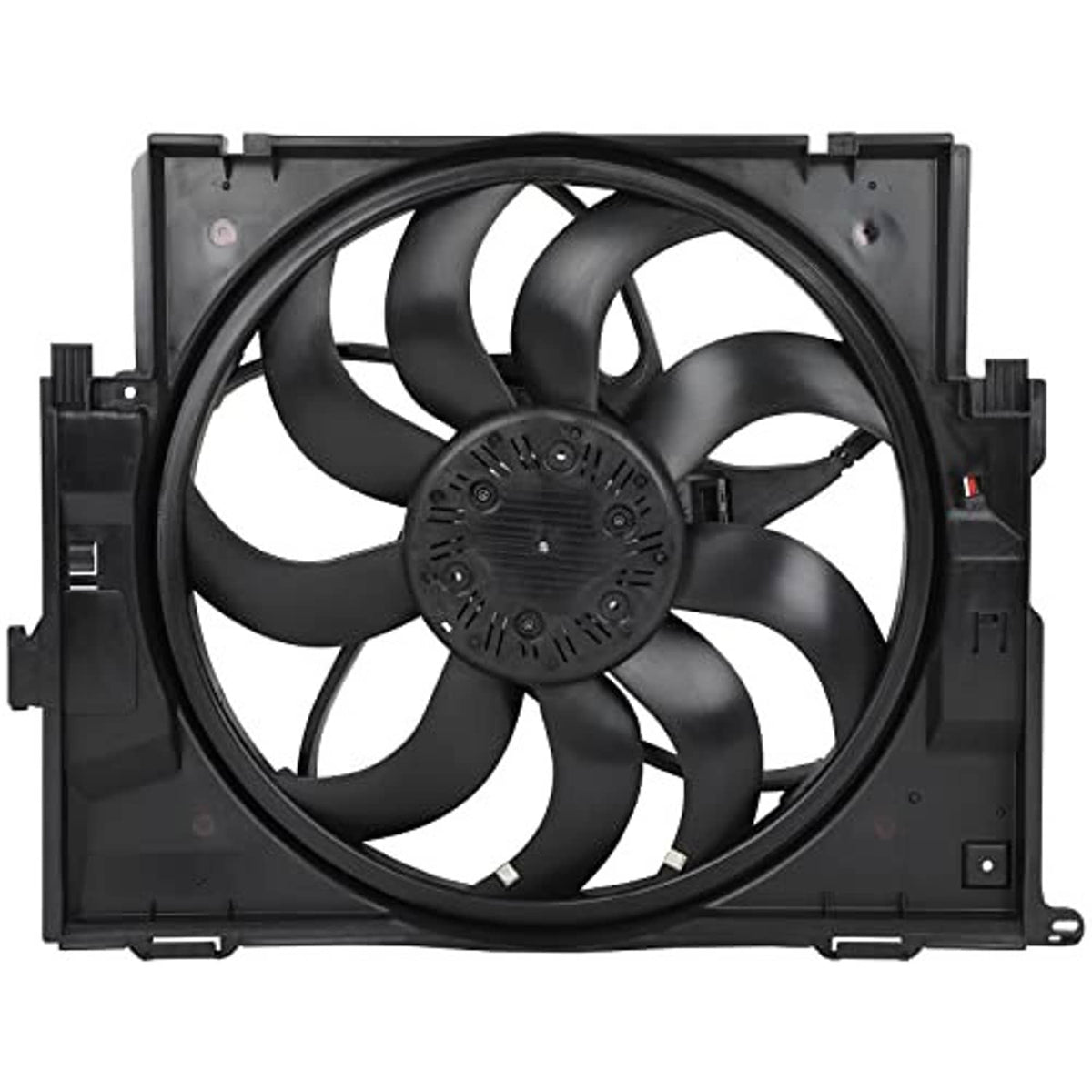 Radiator cooling fan assembly, black fan blades in square mounting frame