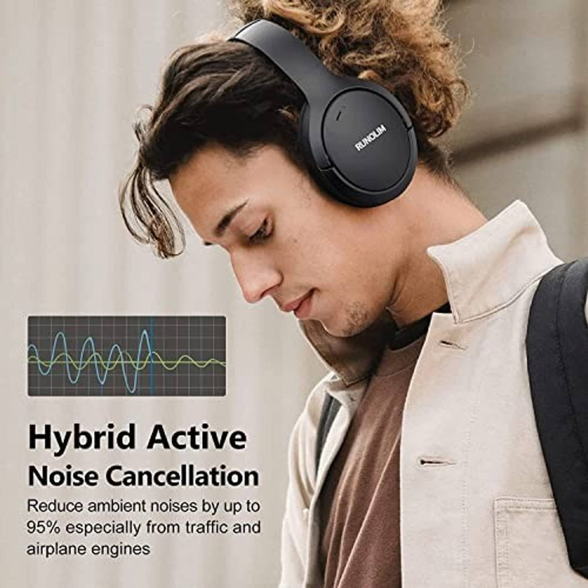 Black over-ear headphones worn by person, cushioned earcups and headband
