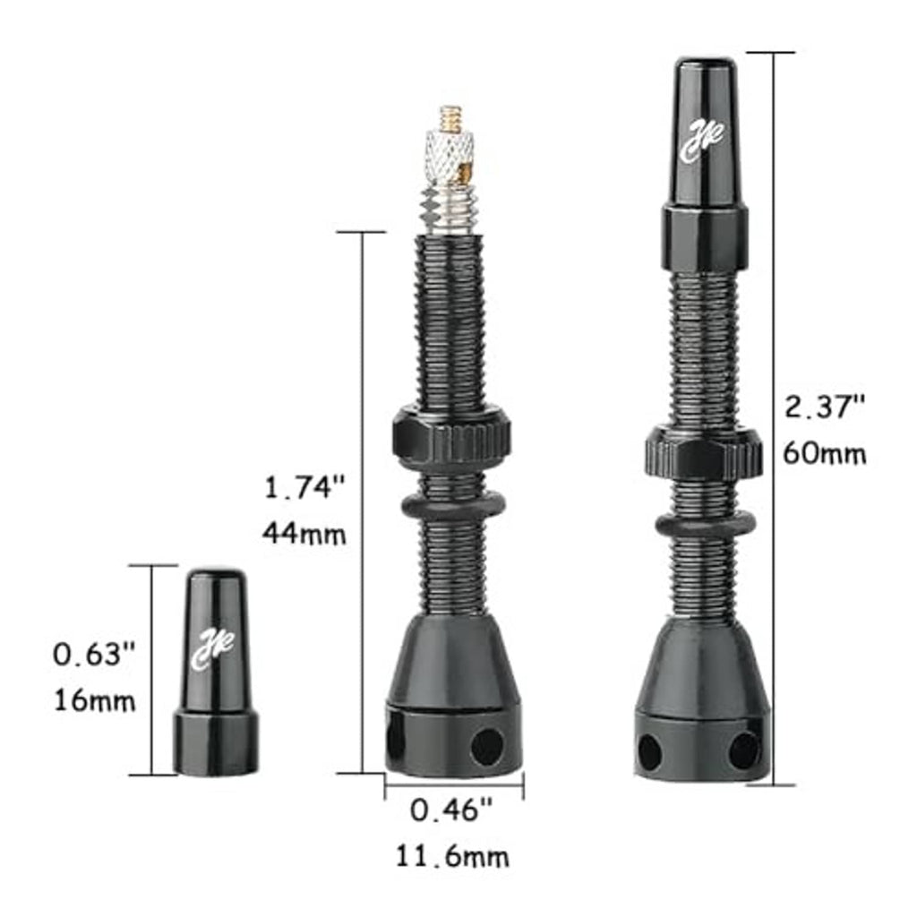 Presta bicycle valve stems set with long and short black stems and included accessories