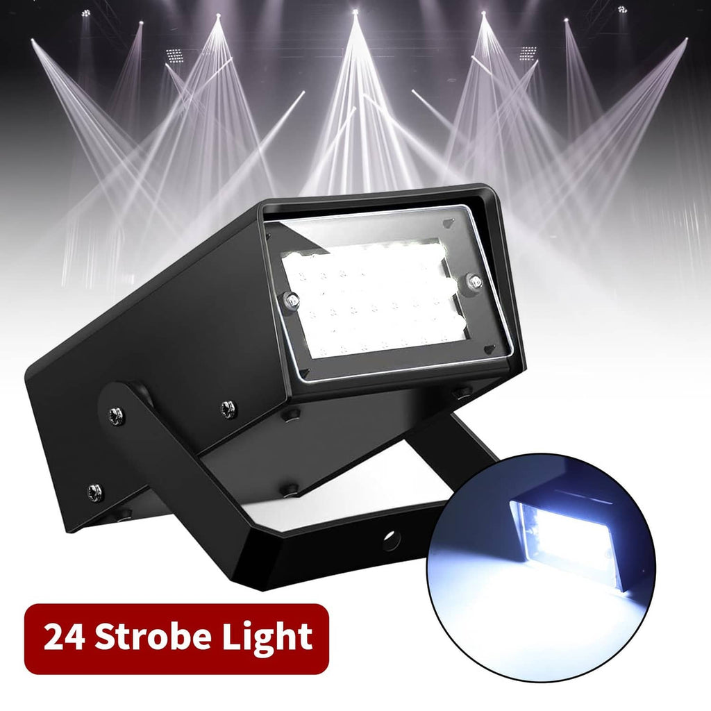 Black mini LED strobe light angled view, bright front panel