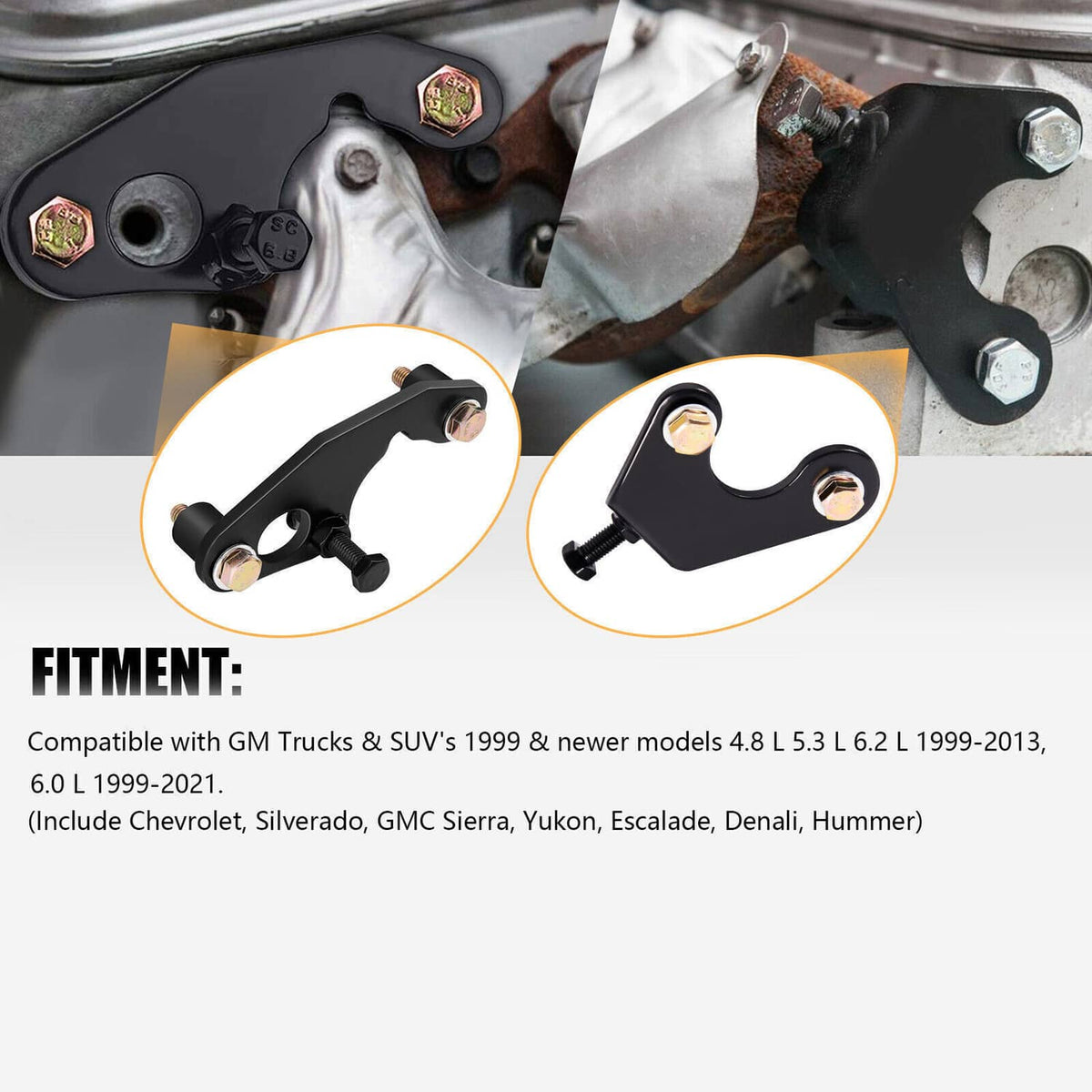 Exhaust manifold bolt repair kit with black brackets and hex-head bolts