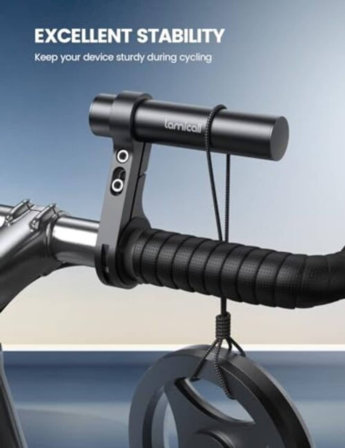 Bike handlebar extender with black grips and mounting clamp, cable loop hanging