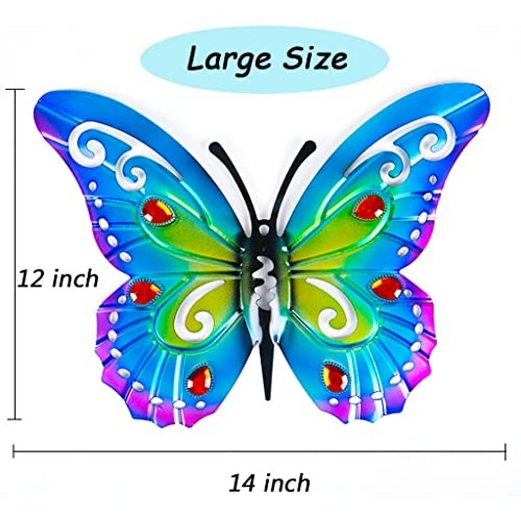 Large metal butterfly yard decor with blue and green wings and purple accents