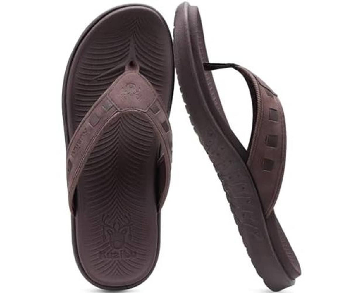 Pair of brown thong flip-flops showing textured footbed and side profile