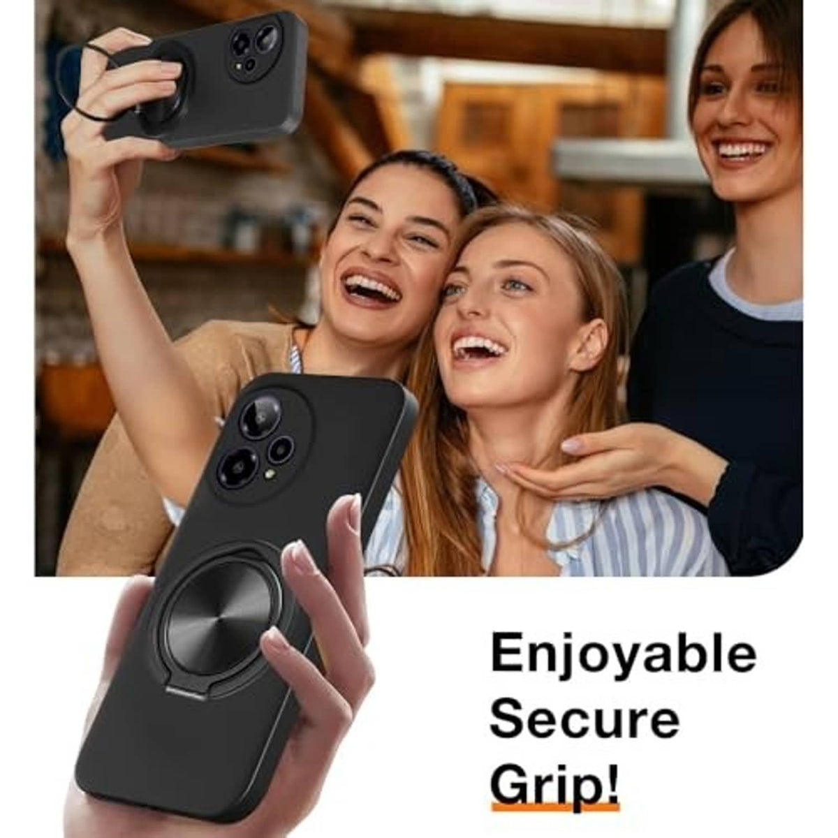 Black phone case with 360 ring holder and camera cutouts for an enjoyable secure grip