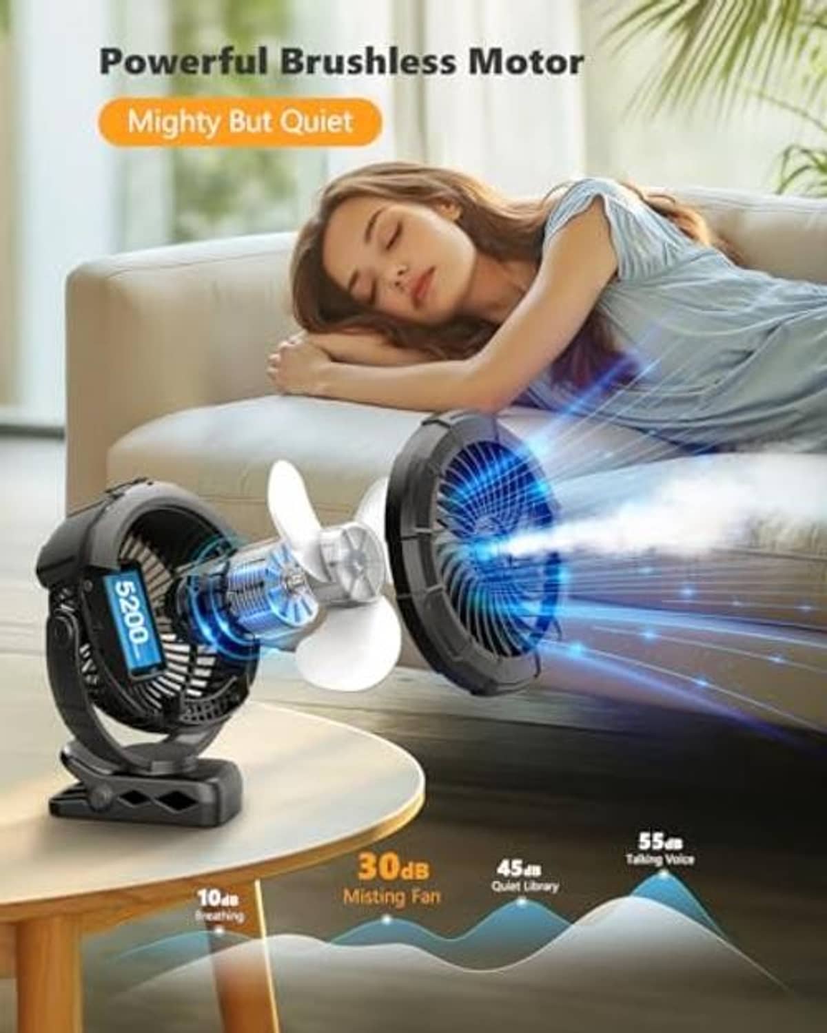 Black clip-on misting fan with rotating spray nozzle and protective fan grille