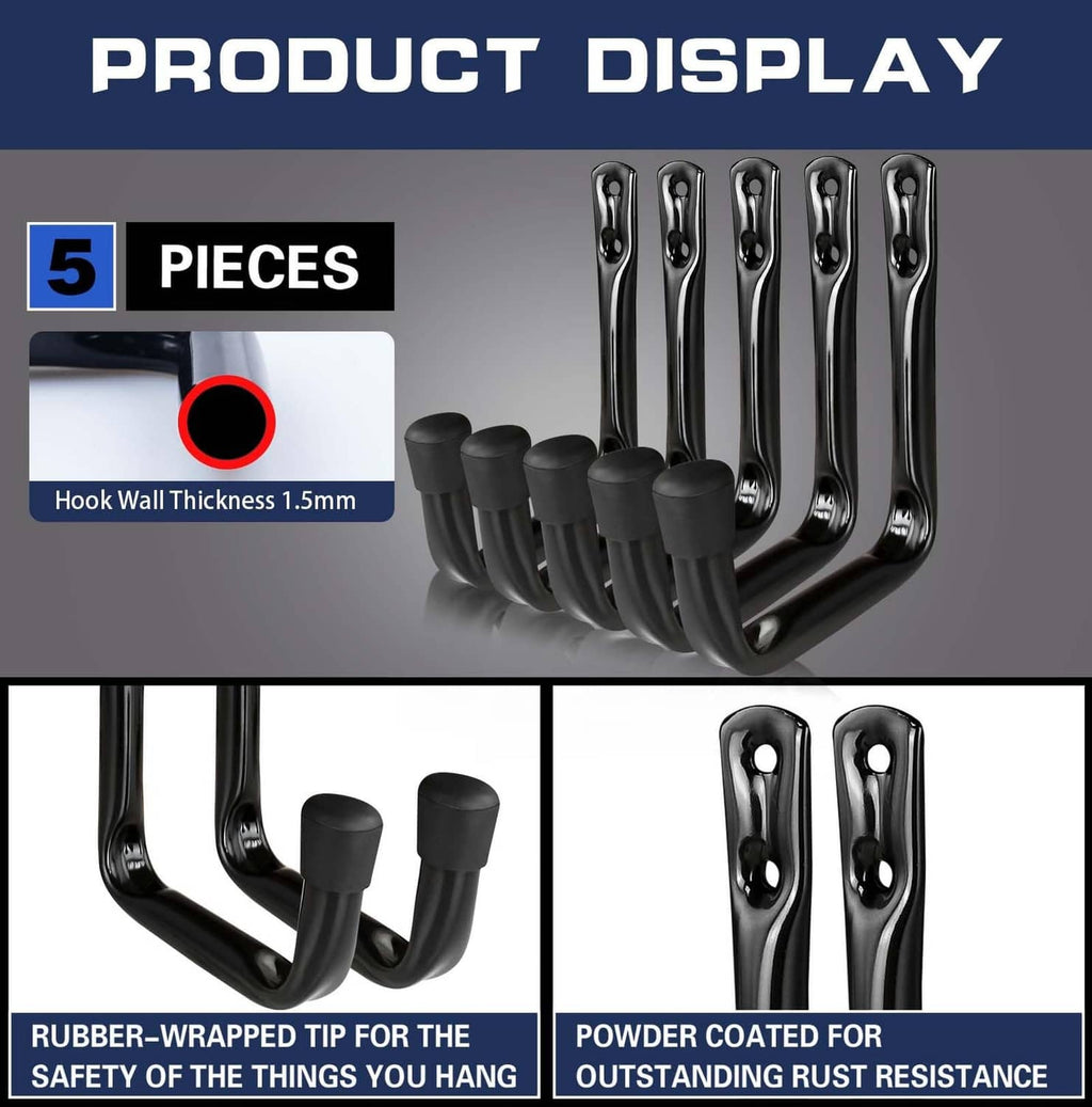 Set of five black U-shaped garage storage hooks with rubber-wrapped tips