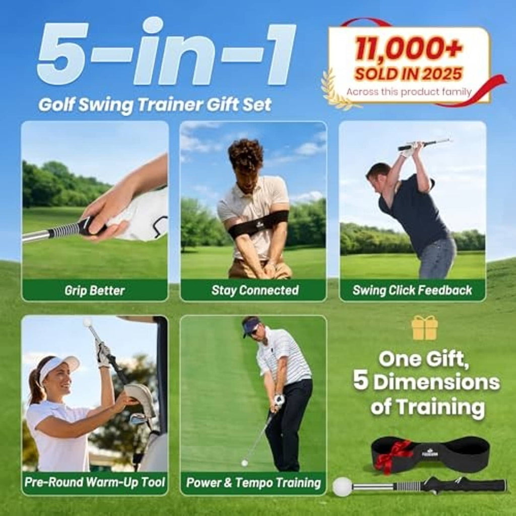Golf swing trainer gift set packaging with retractable training tool and accessories
