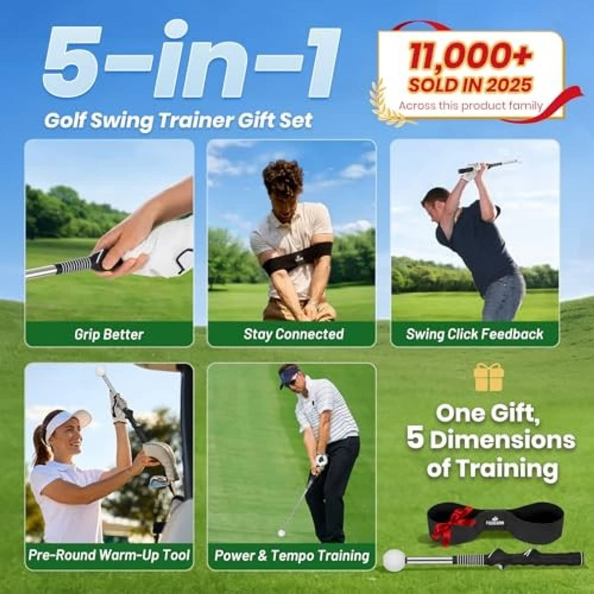 Golf swing trainer gift set packaging with retractable training tool and accessories