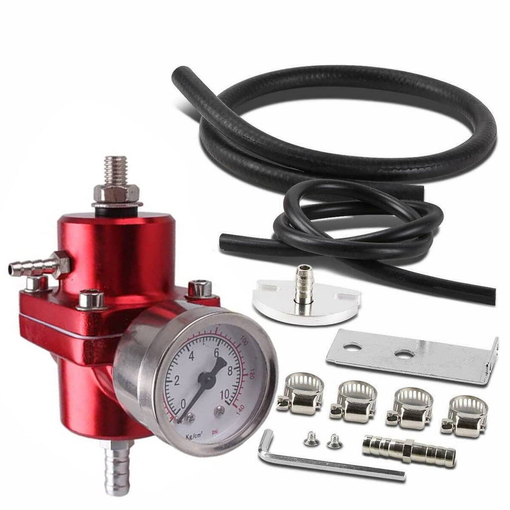 Red adjustable fuel pressure regulator with round analog gauge and black hose