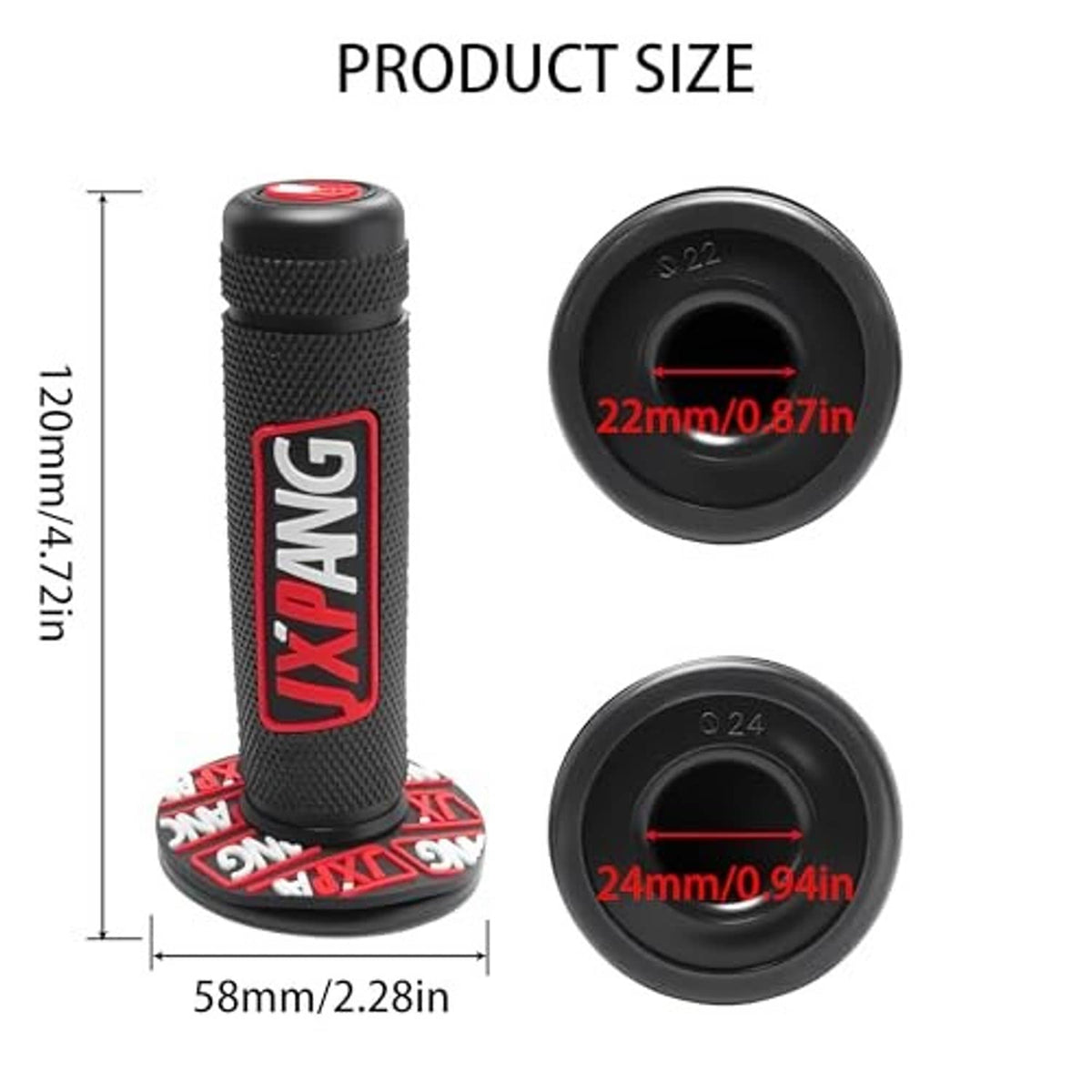 Black throttle twist grip with red lettering top and round end cap view