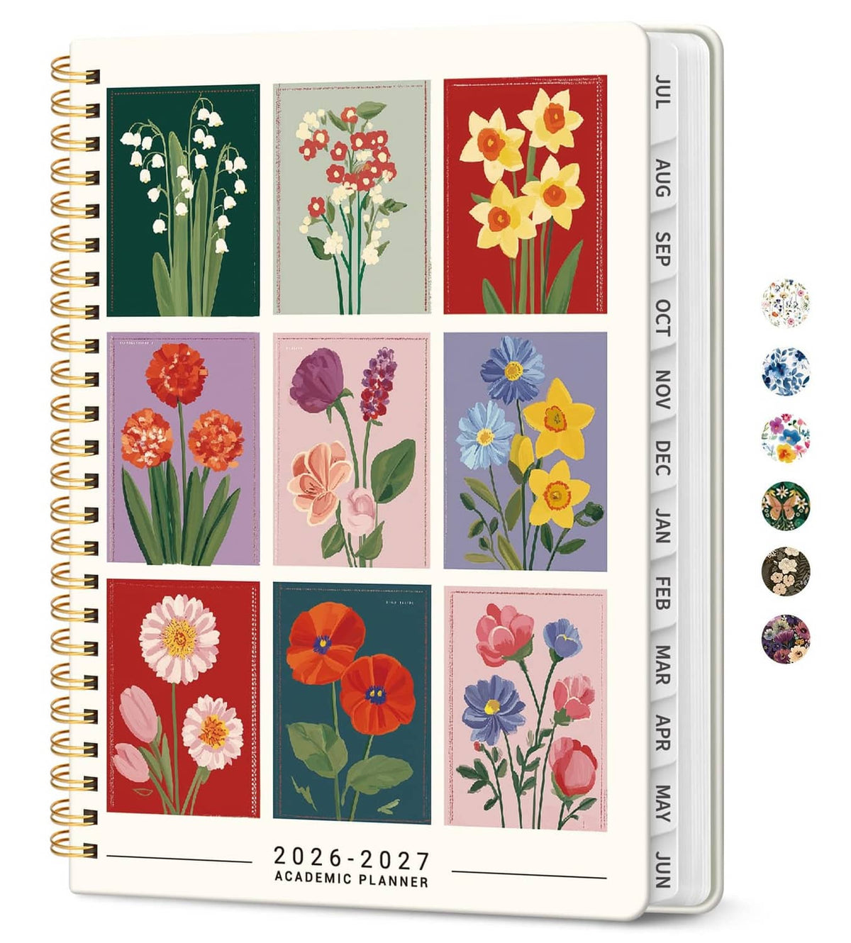 2026-2027 academic planner with floral cover, monthly tabs, twin-wire binding
