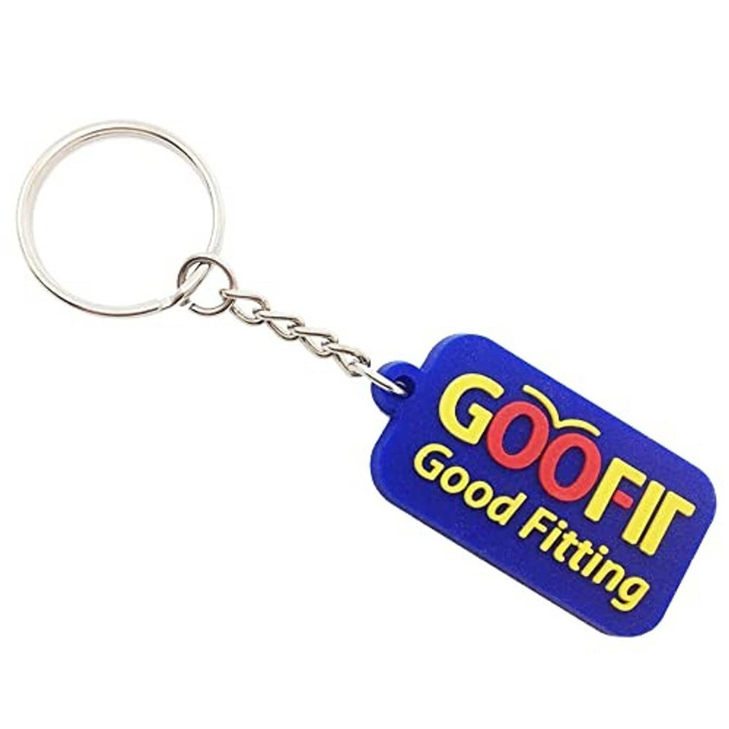 Blue Goofir "Good Fitting" tag keychain with metal ring and chain