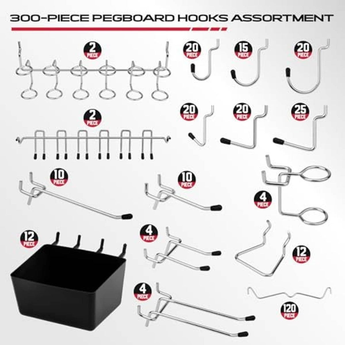 Assorted pegboard hook set with multiple hook styles and organizer bin