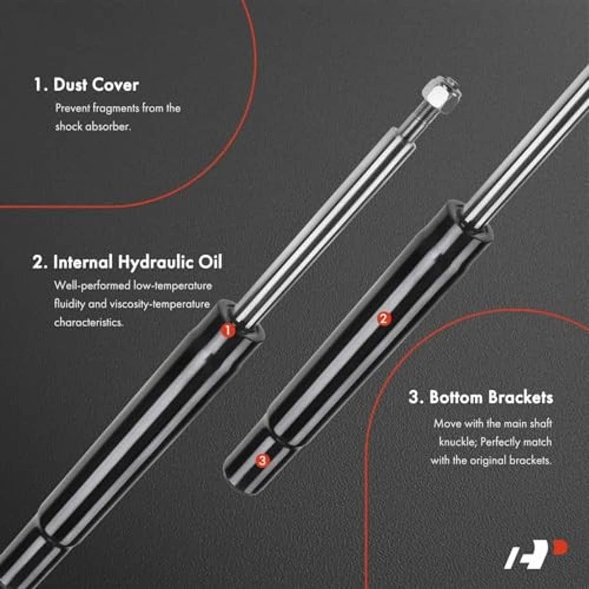 Striped shock absorber with dust cover and lower brackets, product step illustration