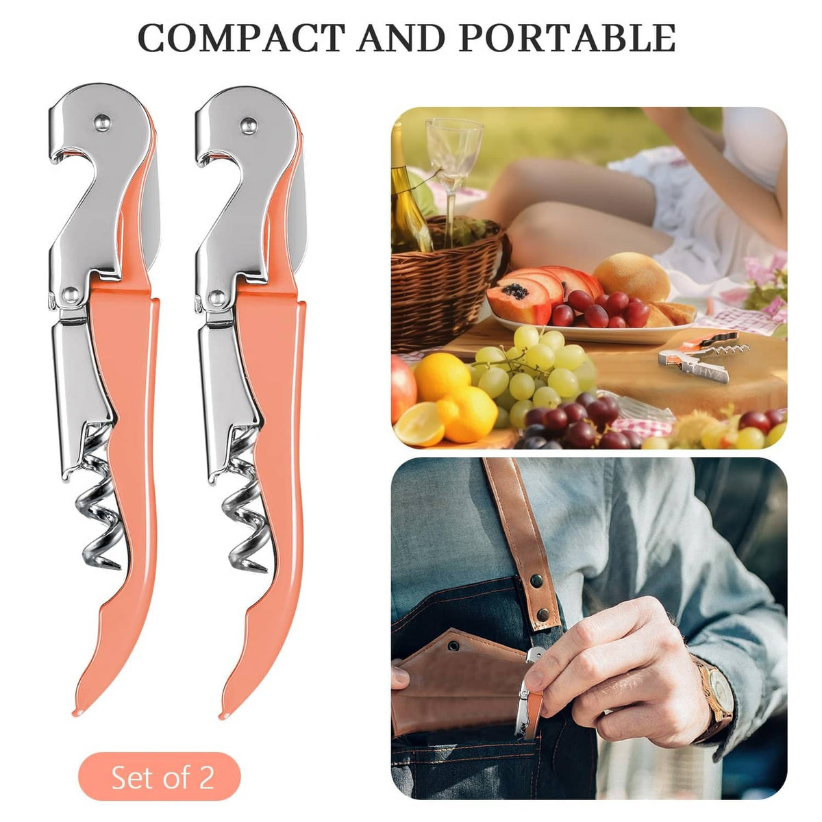 Compact portable 2-pack wine keys with orange handles, shown as set of two
