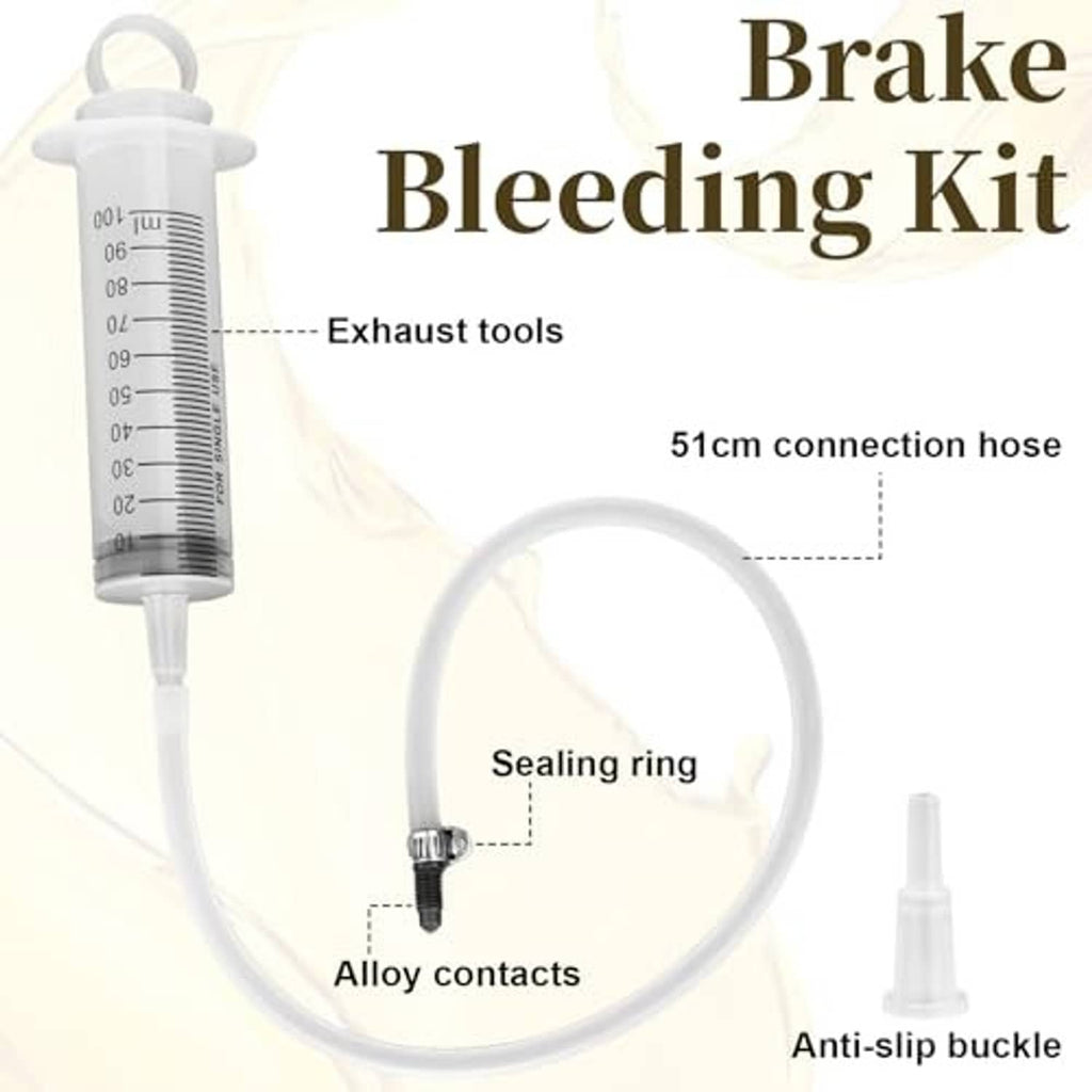Motorcycle brake bleeder kit with 100 ml syringe, sealing ring clamp, and hose loop