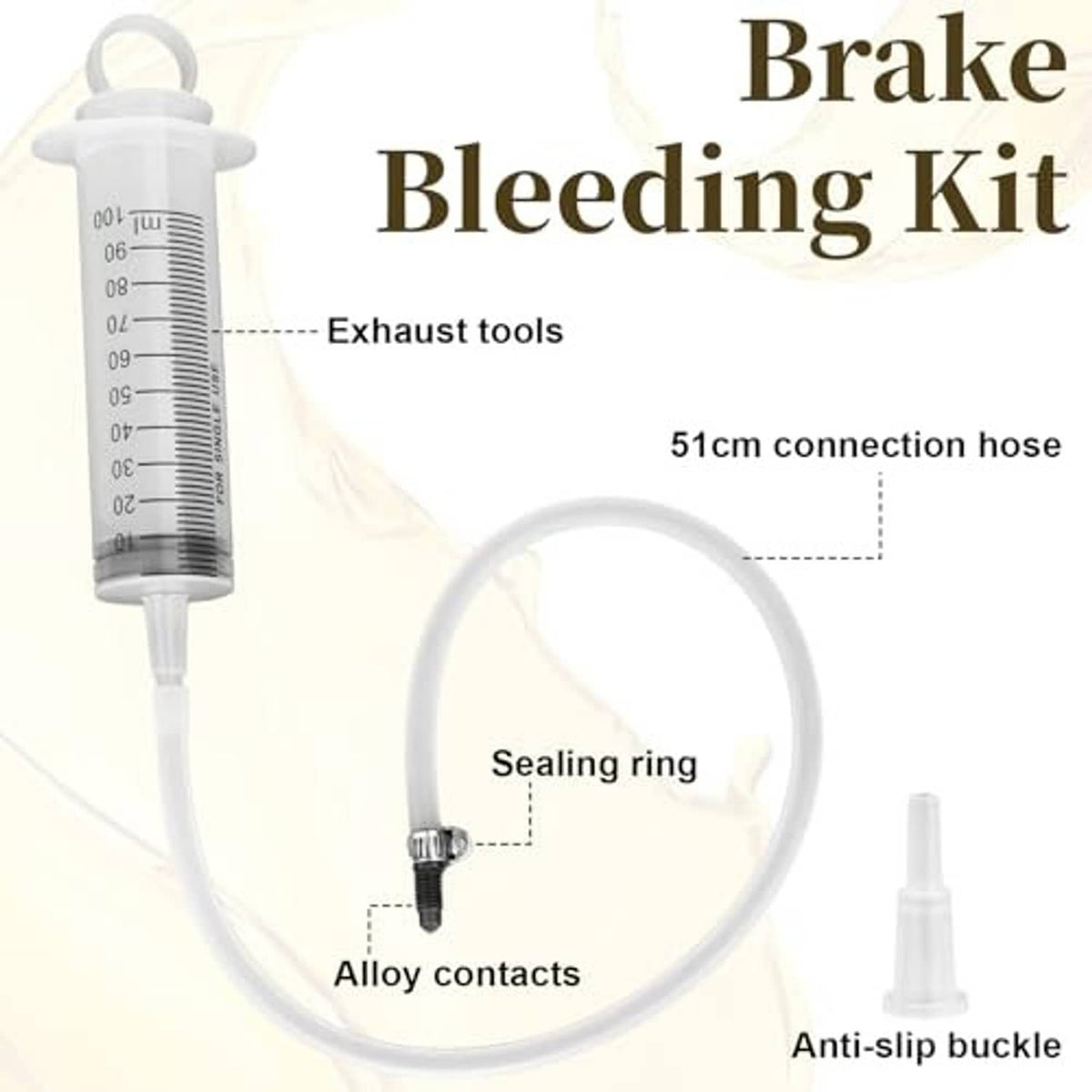 Motorcycle brake bleeder kit with 100 ml syringe, sealing ring clamp, and hose loop