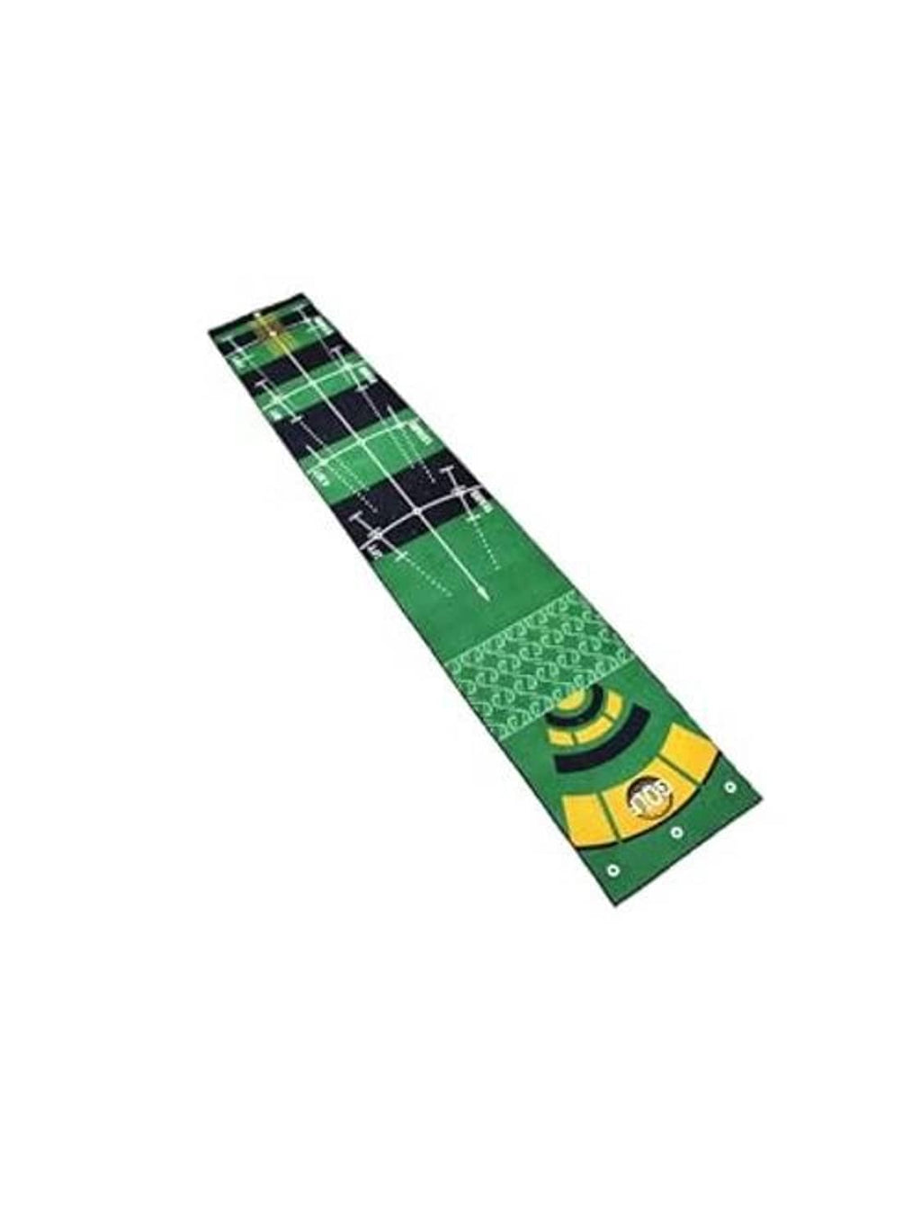 Green golf putting practice mat with goal circle and course alignment markings