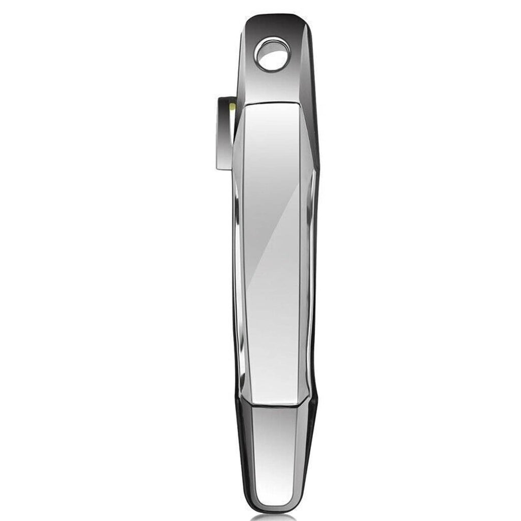 Single chrome exterior door handle with round keyhole and smooth vertical grip