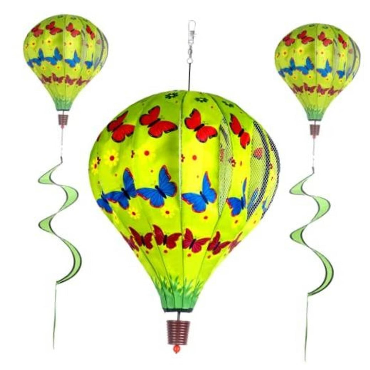 Two green hot air balloon garden wind spinners with butterfly and red accents, hanging hooks