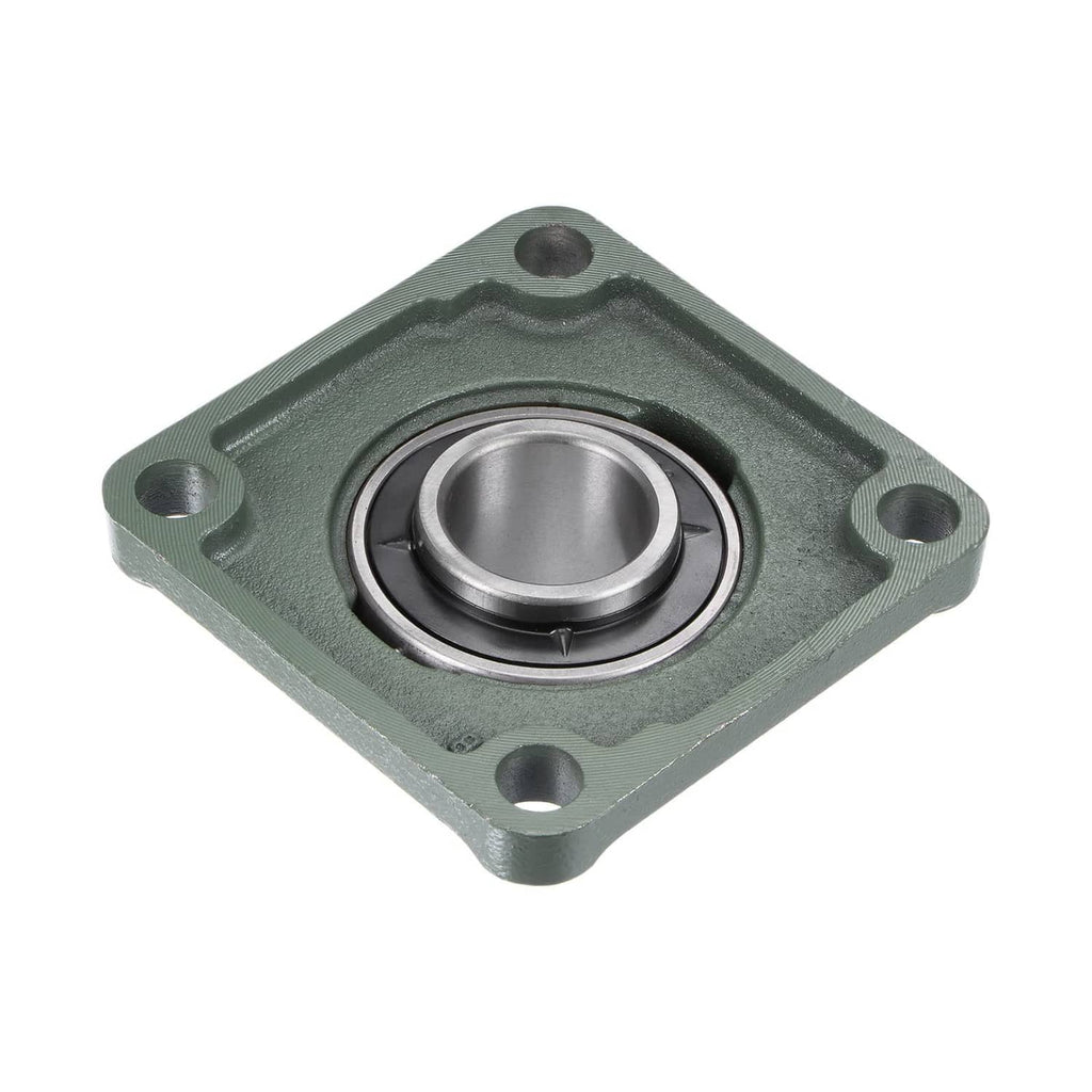 Green flange block bearing unit with central inner bearing ring and four bolt holes.