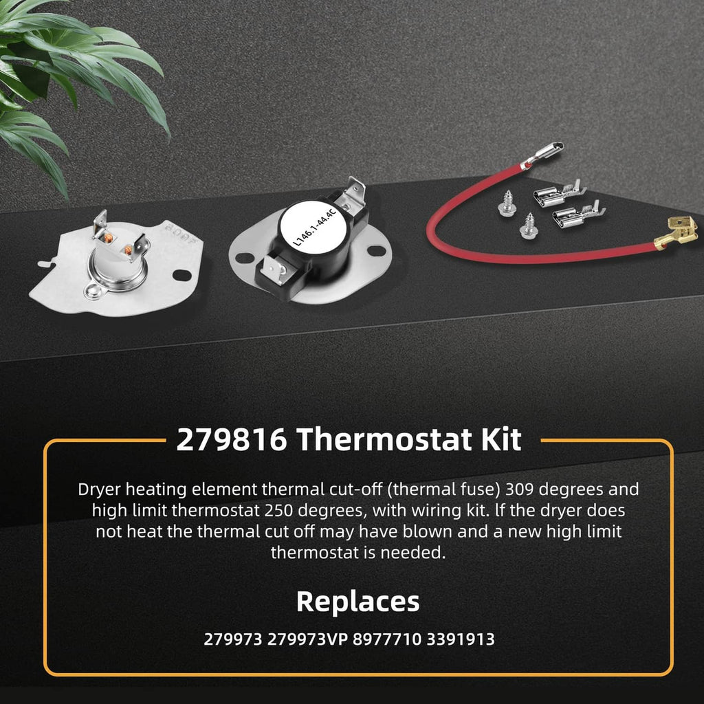 Dryer heating element and thermostat components with red and white wire leads